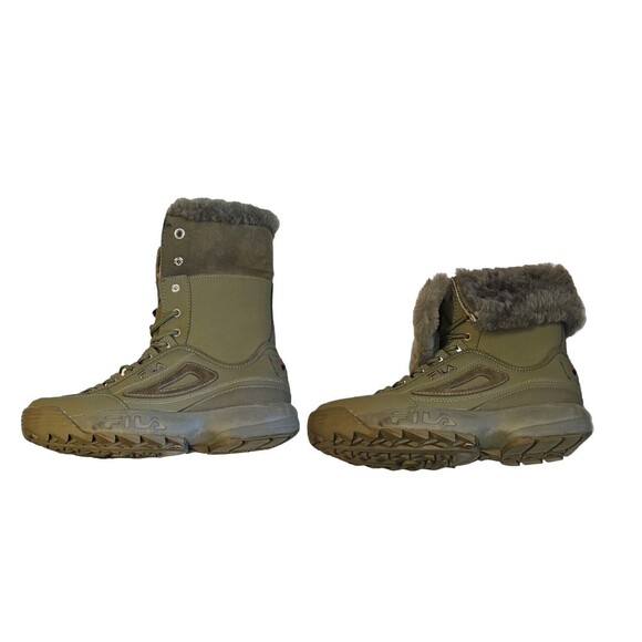 FILA Disruptor Comfy Shearling Boot Olive Green Leather Fur 9.5 Mens - Picture 1 of 16